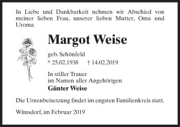 Traueranzeige von Margot Weise von Märkischen Allgemeine Zeitung