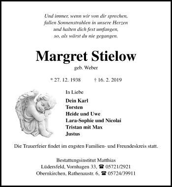 Traueranzeige von Margret Stielow von Schaumburger Nachrichten