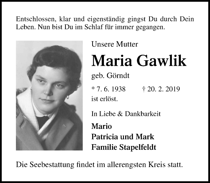  Traueranzeige für Maria Gawlik vom 24.02.2019 aus Lübecker Nachrichten