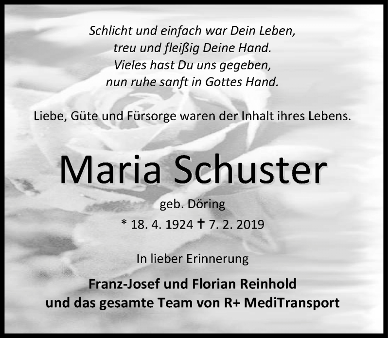 Traueranzeige für Maria Schuster vom 09.02.2019 aus 