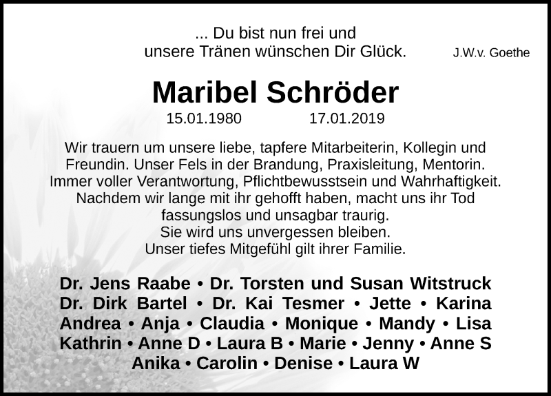  Traueranzeige für Maribel Schröder vom 26.01.2019 aus Ostsee-Zeitung GmbH