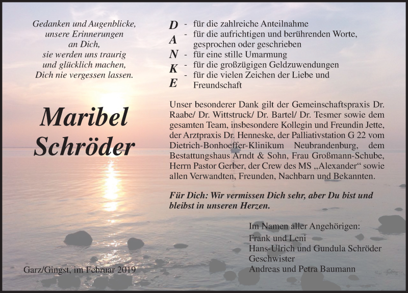  Traueranzeige für Maribel Schröder vom 09.02.2019 aus Ostsee-Zeitung GmbH