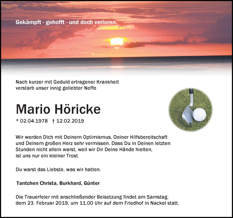  Traueranzeige für Mario Höricke vom 16.02.2019 aus Märkischen Allgemeine Zeitung