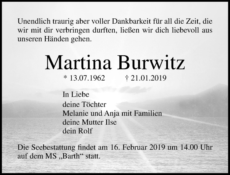  Traueranzeige für Martina Burwitz vom 26.01.2019 aus Ostsee-Zeitung GmbH