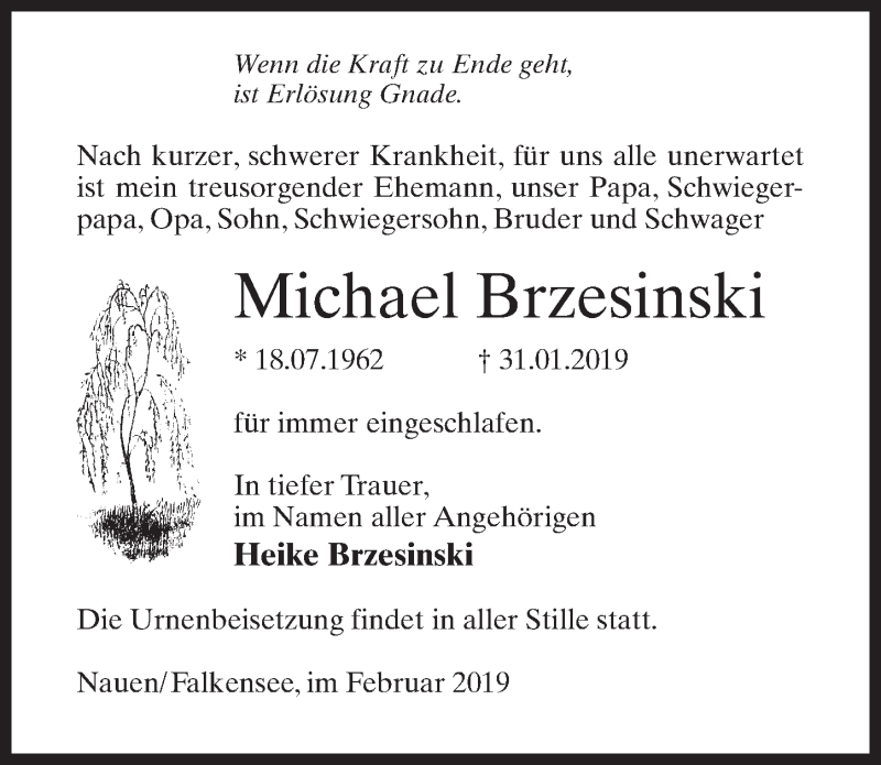  Traueranzeige für Michael Brzesinski vom 16.02.2019 aus Märkischen Allgemeine Zeitung