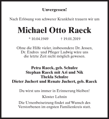 Traueranzeige von Michael Otto Raeck von Märkischen Allgemeine Zeitung