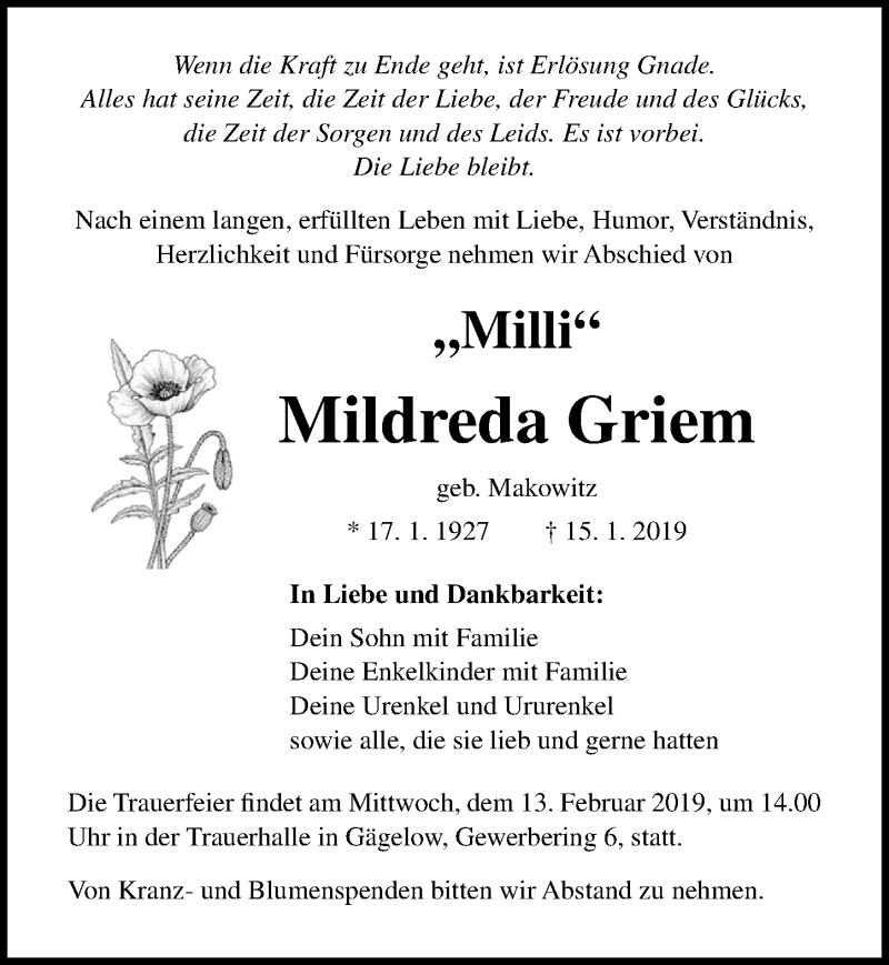  Traueranzeige für Mildreda Griem vom 09.02.2019 aus Ostsee-Zeitung GmbH