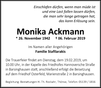 Traueranzeige von Monika Ackmann von Hannoversche Allgemeine Zeitung/Neue Presse