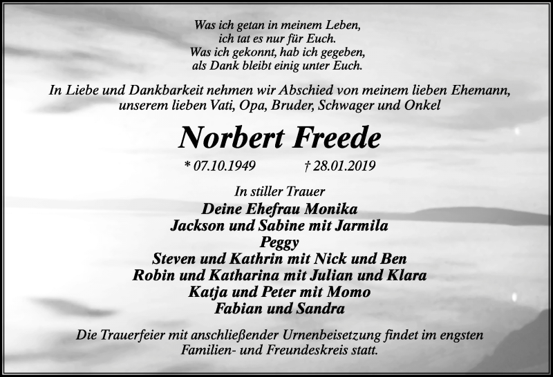  Traueranzeige für Norbert Freede vom 02.02.2019 aus Märkischen Allgemeine Zeitung