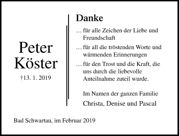 Traueranzeige von Peter Köster von Lübecker Nachrichten