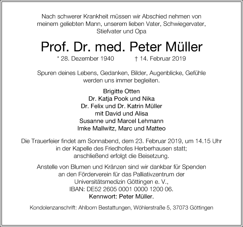  Traueranzeige für Peter Müller vom 20.02.2019 aus Göttinger Tageblatt