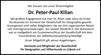 Traueranzeige von Peter-Paul Kilian von Lübecker Nachrichten