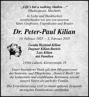 Traueranzeige von Peter-Paul Kilian von Lübecker Nachrichten