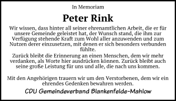 Traueranzeige von Peter Rink von Märkischen Allgemeine Zeitung
