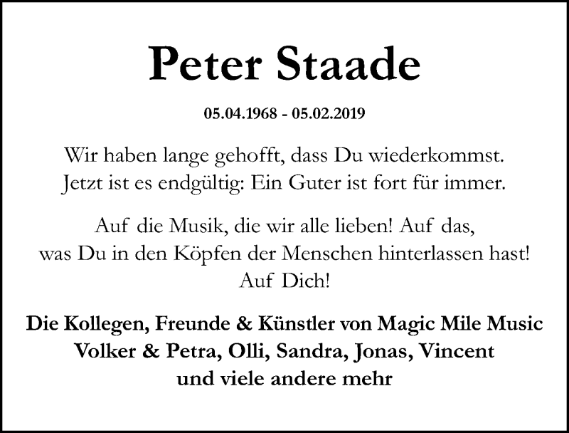  Traueranzeige für Peter Staade vom 13.02.2019 aus Hannoversche Allgemeine Zeitung/Neue Presse