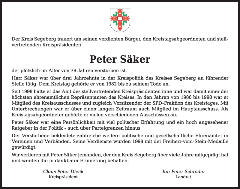  Traueranzeige für Peter Säker vom 24.01.2019 aus Kieler Nachrichten