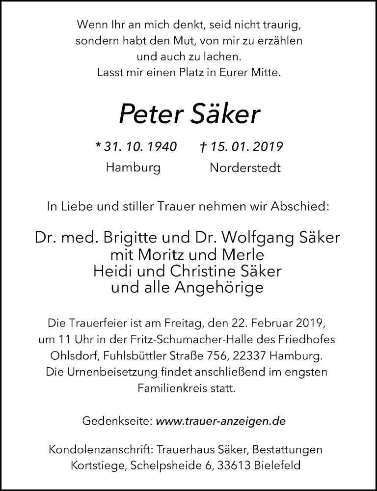  Traueranzeige für Peter Säker vom 06.02.2019 aus Kieler Nachrichten