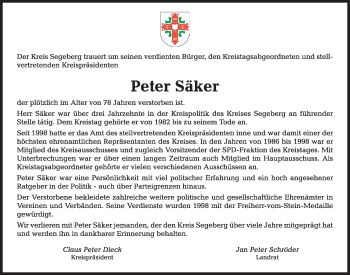 Traueranzeige von Peter Säker von Kieler Nachrichten