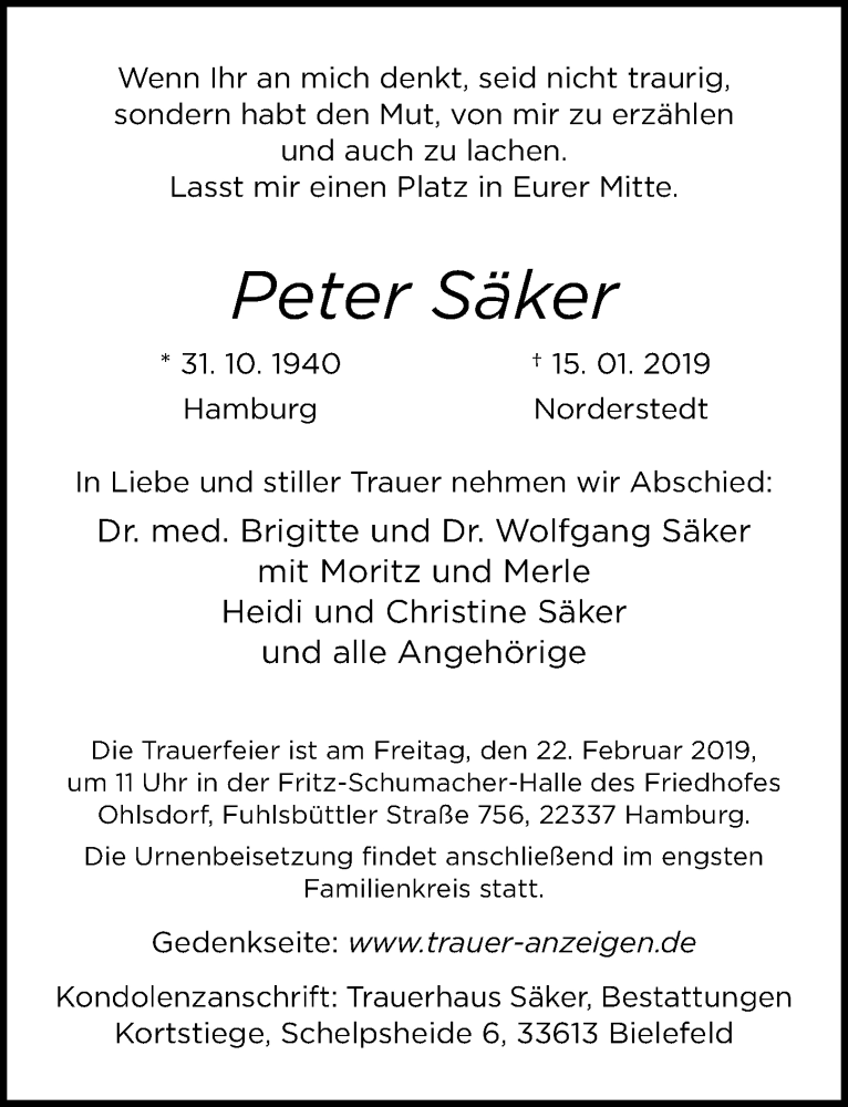  Traueranzeige für Peter Säker vom 02.02.2019 aus Lübecker Nachrichten