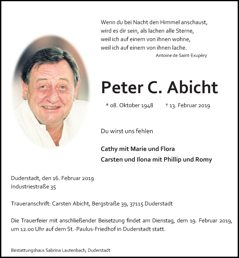  Traueranzeige für Peter C. Abicht vom 16.02.2019 aus 