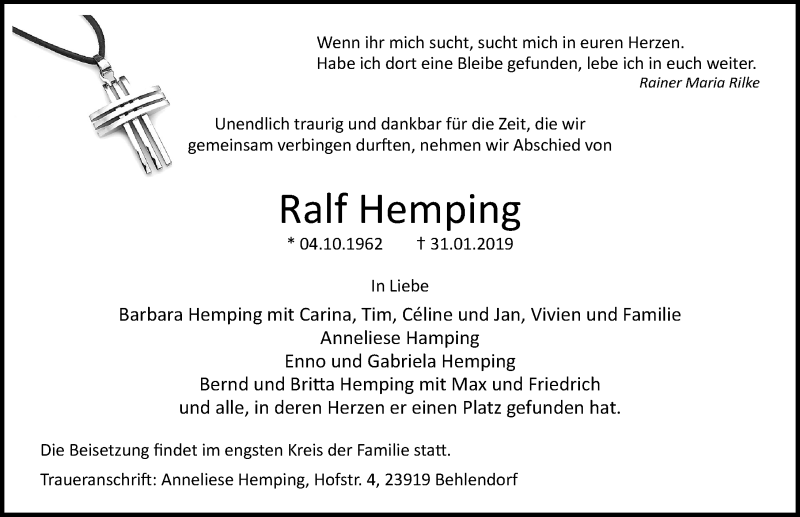  Traueranzeige für Ralf Hemping vom 09.02.2019 aus Lübecker Nachrichten