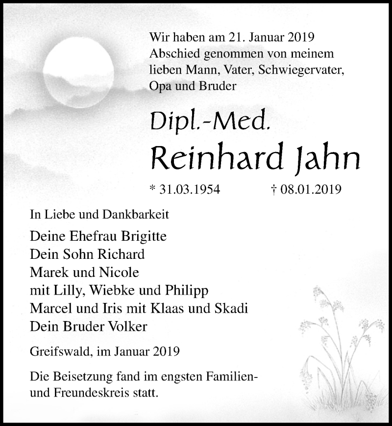  Traueranzeige für Reinhard Jahn vom 26.01.2019 aus Ostsee-Zeitung GmbH
