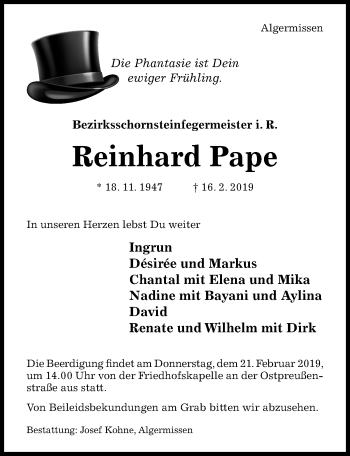 Traueranzeige von Reinhard Pape von Hannoversche Allgemeine Zeitung/Neue Presse
