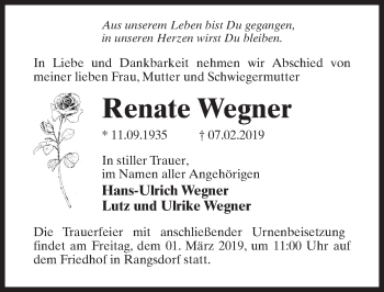 Traueranzeige von Renate Wegner von Märkischen Allgemeine Zeitung