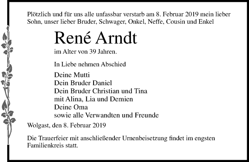  Traueranzeige für René Arndt vom 16.02.2019 aus Ostsee-Zeitung GmbH