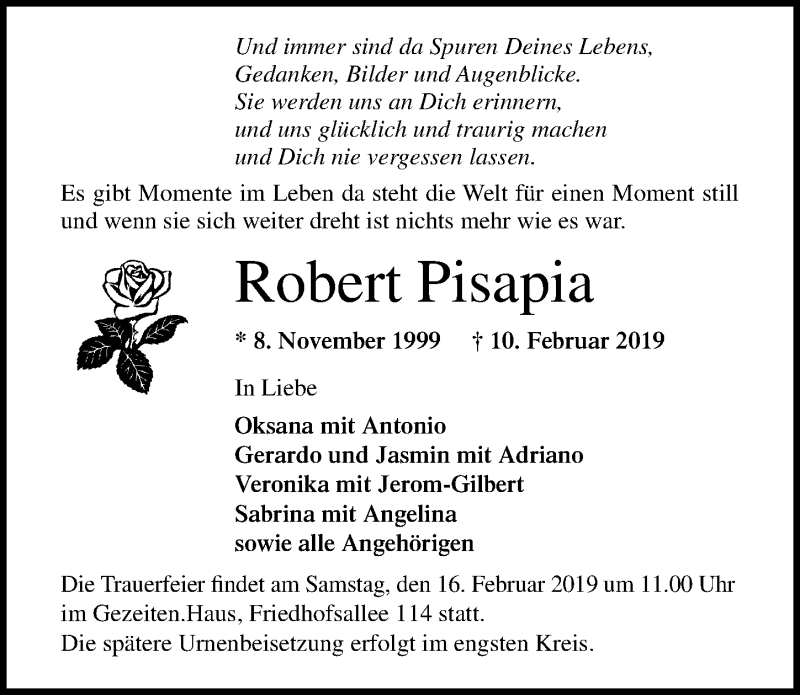  Traueranzeige für Robert Pisapia vom 13.02.2019 aus Lübecker Nachrichten
