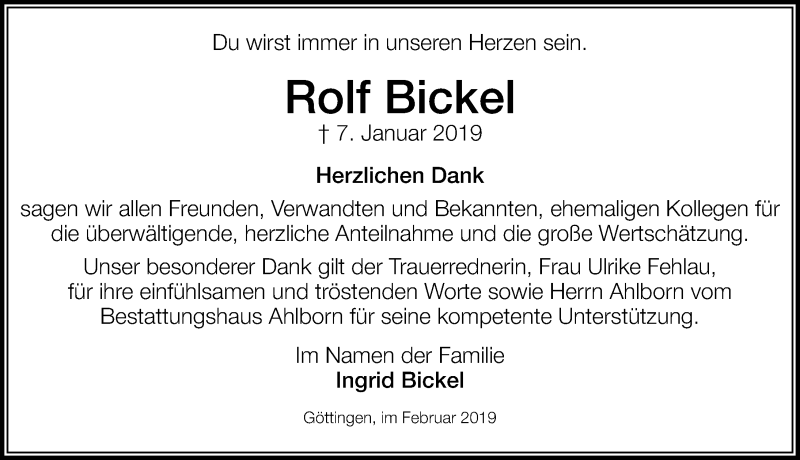  Traueranzeige für Rolf Bickel vom 02.02.2019 aus 