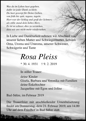 Traueranzeige von Rosa Pleiss von Ostsee-Zeitung GmbH