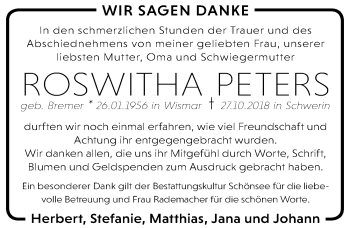 Traueranzeige von Roswitha Peters von Ostsee-Zeitung GmbH