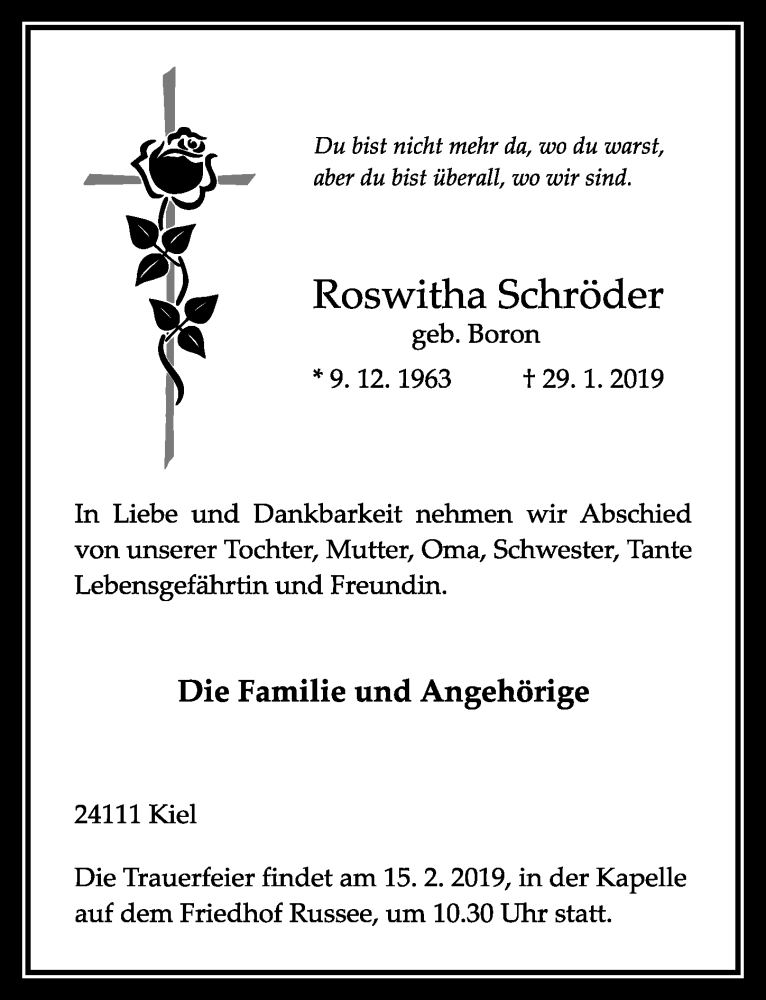  Traueranzeige für Roswitha Schröder vom 14.02.2019 aus Ostsee-Zeitung GmbH