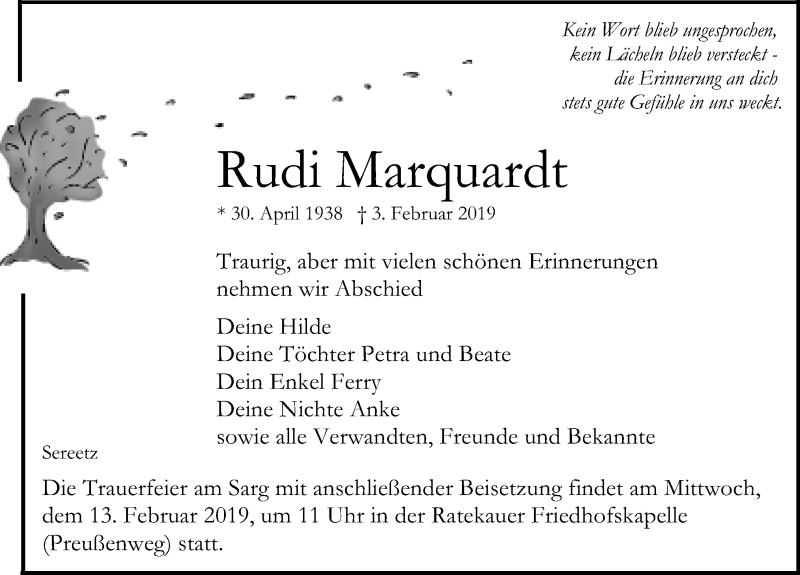  Traueranzeige für Rudi Marquardt vom 10.02.2019 aus Lübecker Nachrichten