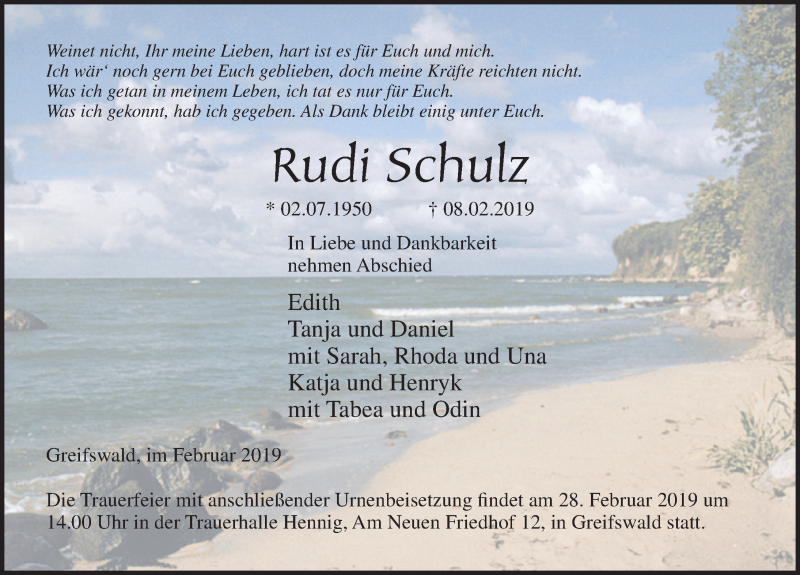  Traueranzeige für Rudi Schulz vom 16.02.2019 aus Ostsee-Zeitung GmbH