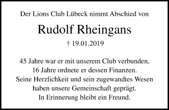Traueranzeige von Rudolf Rheingans von Lübecker Nachrichten