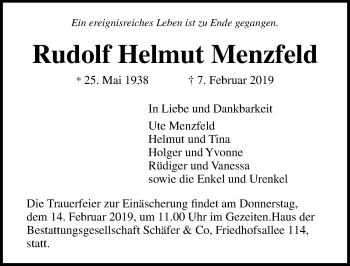 Traueranzeige von Rudolf Helmut Menzfeld von Lübecker Nachrichten