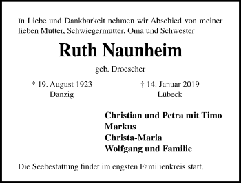 Traueranzeige von Ruth Naunheim von Lübecker Nachrichten
