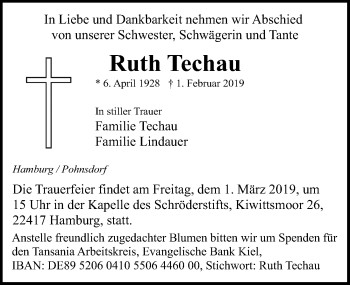 Traueranzeige von Ruth Techau von Lübecker Nachrichten