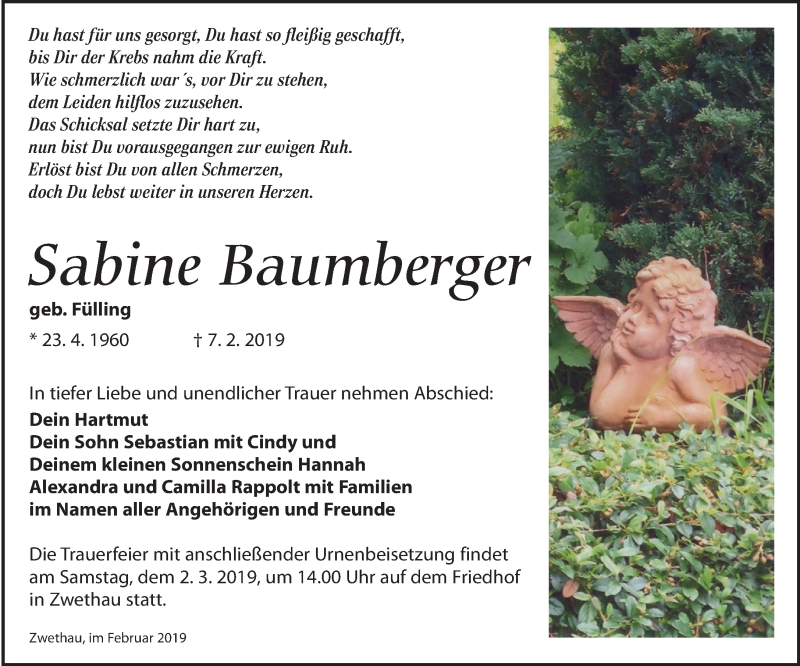  Traueranzeige für Sabine Baumberger vom 16.02.2019 aus Torgauer Zeitung