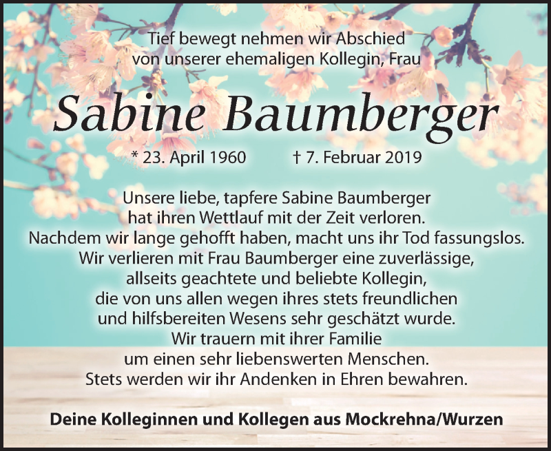  Traueranzeige für Sabine Baumberger vom 16.02.2019 aus Torgauer Zeitung