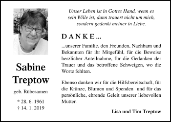 Traueranzeige von Sabine Treptow von Lübecker Nachrichten