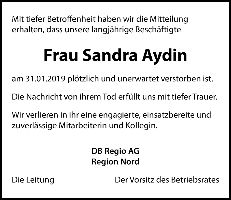  Traueranzeige für Sandra Aydin vom 14.02.2019 aus Hannoversche Allgemeine Zeitung/Neue Presse