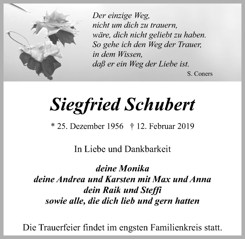  Traueranzeige für Siegfried Schubert vom 16.02.2019 aus Ostsee-Zeitung GmbH