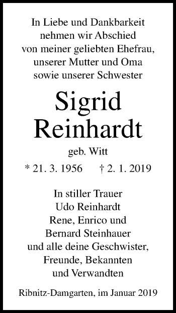 Traueranzeige von Sigrid Reinhardt von Ostsee-Zeitung GmbH