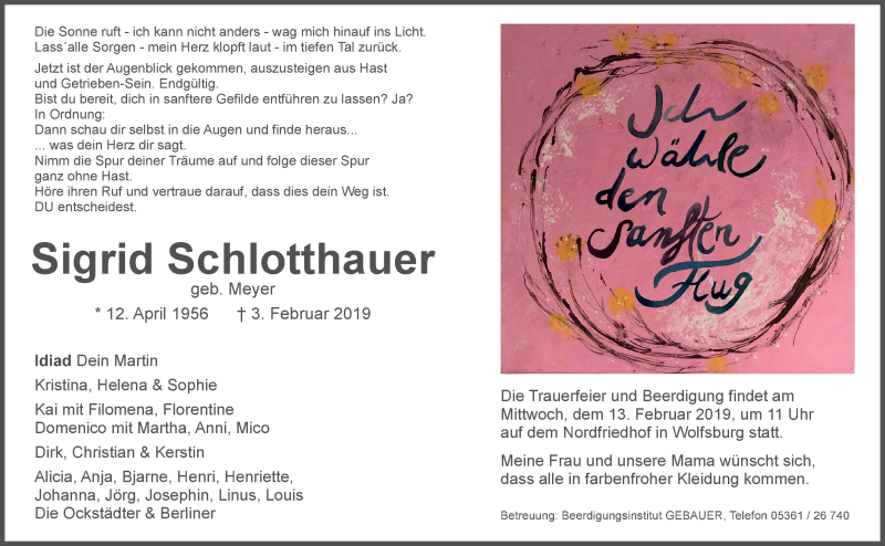  Traueranzeige für Sigrid Schlotthauer vom 09.02.2019 aus Aller Zeitung