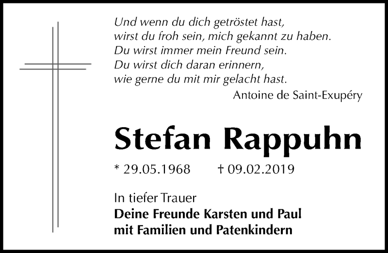  Traueranzeige für Stefan Rappuhn vom 16.02.2019 aus Hannoversche Allgemeine Zeitung/Neue Presse