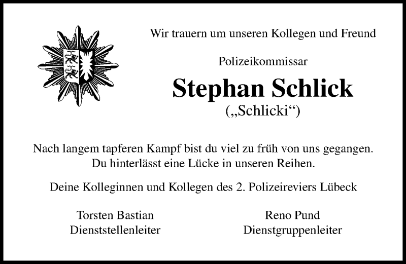 Traueranzeige für Stephan Schlick vom 10.02.2019 aus Lübecker Nachrichten