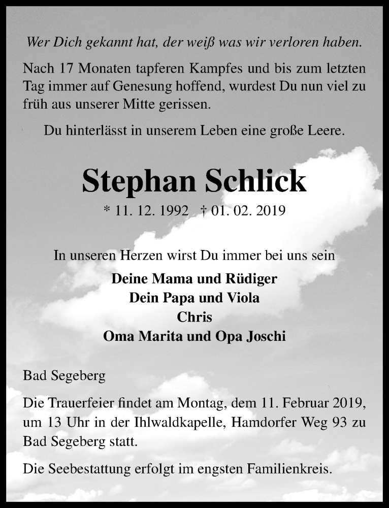  Traueranzeige für Stephan Schlick vom 06.02.2019 aus Lübecker Nachrichten